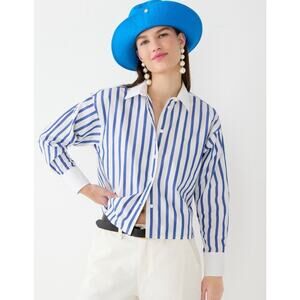 J. CREW Relaxed-Fit Cropped Cotton Poplin Shirt in Blue & White Stripe Size 20